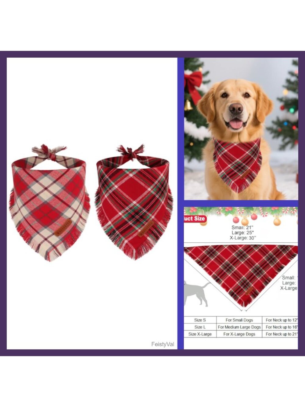 Christmas Dog Bandanas Plaid Tassel Cotton Scarf Bib for Medium Large Dogs